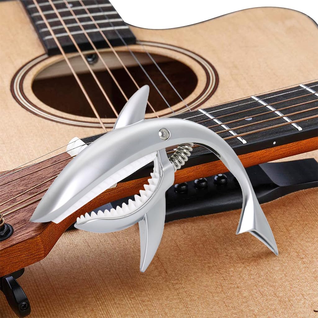 ZORBES Guitar Capo, Zinc Alloy Capo for Acoustic Guitar, Spring Loaded Capo for Electric Guitar Ukulele Creative Shark Guitar Capo, Silver ZORBES Guitar Capo, Zinc Alloy Capo for Acoustic Guitar, Spring Loaded Capo for Electric Guitar Ukulele Creative Shark Guitar Capo, Silver